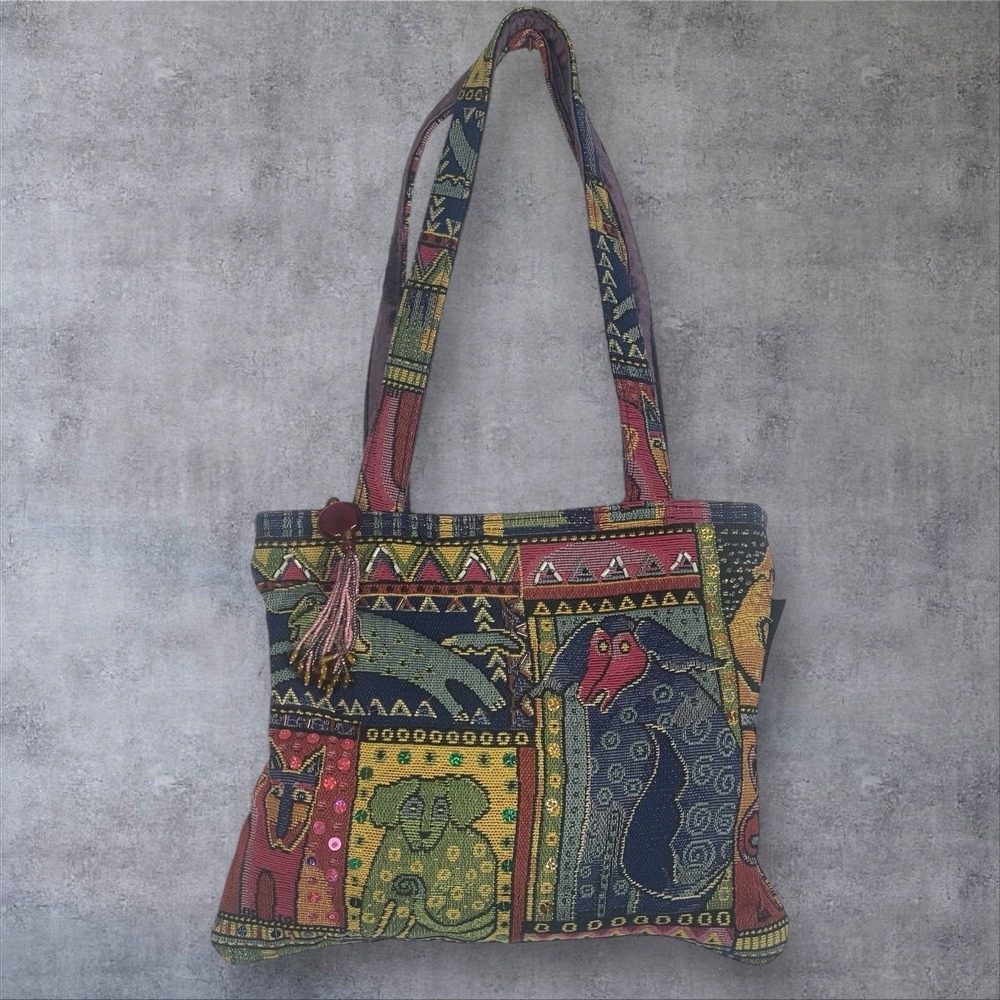 Laurel Burch Dog Tails Patchwork  Tote Shoulder Bag Tapestry Beaded Velvet Artsy